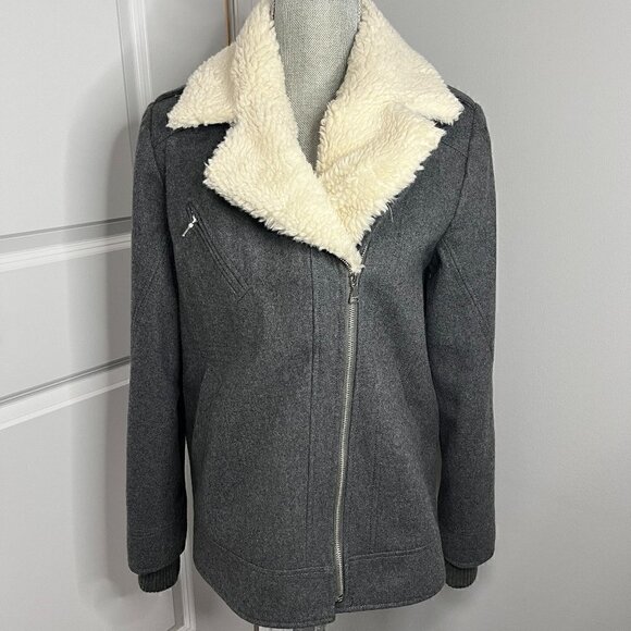 Express Jackets & Blazers - Express Women's Gray Wool Blend Jacket w Removable Faux Sherpa Trim Size M EUC